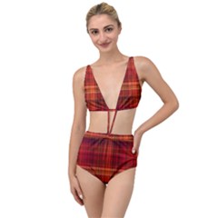Red Brown Orange Plaid Pattern Tied Up Two Piece Swimsuit