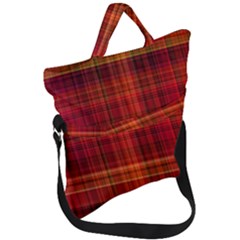 Red Brown Orange Plaid Pattern Fold Over Handle Tote Bag by SpinnyChairDesigns
