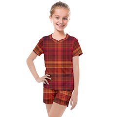 Red Brown Orange Plaid Pattern Kids  Mesh Tee And Shorts Set