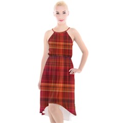 Red Brown Orange Plaid Pattern High-low Halter Chiffon Dress 