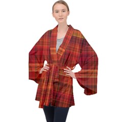 Red Brown Orange Plaid Pattern Long Sleeve Velvet Kimono 