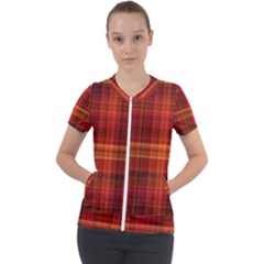 Red Brown Orange Plaid Pattern Short Sleeve Zip Up Jacket