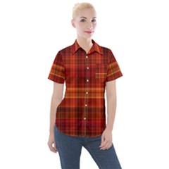 Red Brown Orange Plaid Pattern Women s Short Sleeve Pocket Shirt