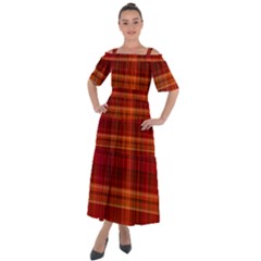 Red Brown Orange Plaid Pattern Shoulder Straps Boho Maxi Dress 