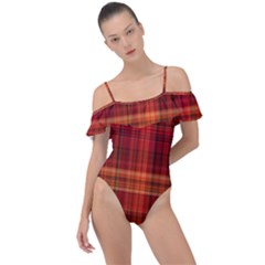 Red Brown Orange Plaid Pattern Frill Detail One Piece Swimsuit