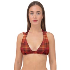Red Brown Orange Plaid Pattern Double Strap Halter Bikini Top by SpinnyChairDesigns