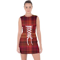 Red Brown Orange Plaid Pattern Lace Up Front Bodycon Dress