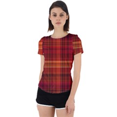Red Brown Orange Plaid Pattern Back Cut Out Sport Tee