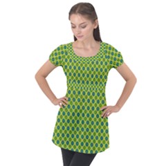 Green Polka Dots Spots Pattern Puff Sleeve Tunic Top