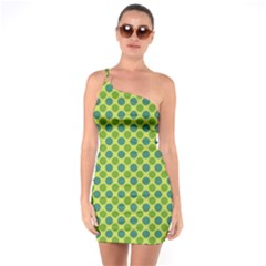 Green Polka Dots Spots Pattern One Soulder Bodycon Dress by SpinnyChairDesigns