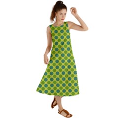 Green Polka Dots Spots Pattern Summer Maxi Dress by SpinnyChairDesigns