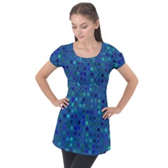 Blue Polka Dots Pattern Puff Sleeve Tunic Top by SpinnyChairDesigns