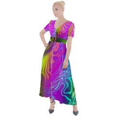 Psychedelic Swirl Trippy Abstract Art Button Up Short Sleeve Maxi Dress by SpinnyChairDesigns