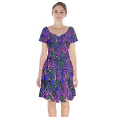 Purple Abstract Butterfly Pattern Short Sleeve Bardot Dress by SpinnyChairDesigns