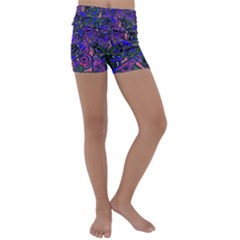 Purple Abstract Butterfly Pattern Kids  Lightweight Velour Yoga Shorts by SpinnyChairDesigns