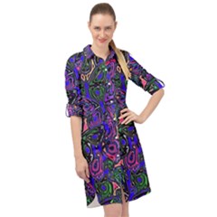 Purple Abstract Butterfly Pattern Long Sleeve Mini Shirt Dress by SpinnyChairDesigns