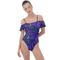 Purple Abstract Butterfly Pattern Frill Detail One Piece Swimsuit by SpinnyChairDesigns