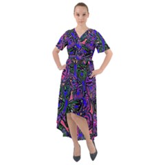 Purple Abstract Butterfly Pattern Front Wrap High Low Dress by SpinnyChairDesigns