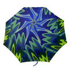 Blue Green Zig Zag Waves Pattern Folding Umbrellas by SpinnyChairDesigns