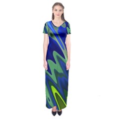 Blue Green Zig Zag Waves Pattern Short Sleeve Maxi Dress