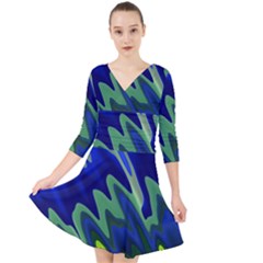 Blue Green Zig Zag Waves Pattern Quarter Sleeve Front Wrap Dress by SpinnyChairDesigns