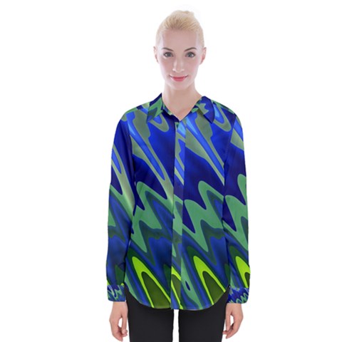 Blue Green Zig Zag Waves Pattern Womens Long Sleeve Shirt by SpinnyChairDesigns