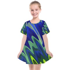 Blue Green Zig Zag Waves Pattern Kids  Smock Dress by SpinnyChairDesigns