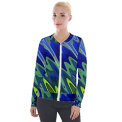 Blue Green Zig Zag Waves Pattern Velour Zip Up Jacket