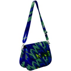 Blue Green Zig Zag Waves Pattern Saddle Handbag by SpinnyChairDesigns