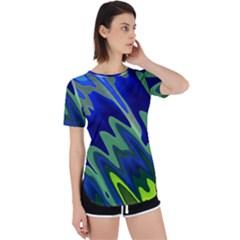 Blue Green Zig Zag Waves Pattern Perpetual Short Sleeve T-shirt by SpinnyChairDesigns