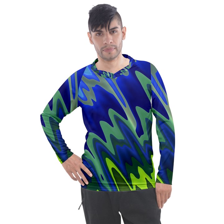 Blue Green Zig Zag Waves Pattern Men s Pique Long Sleeve Tee