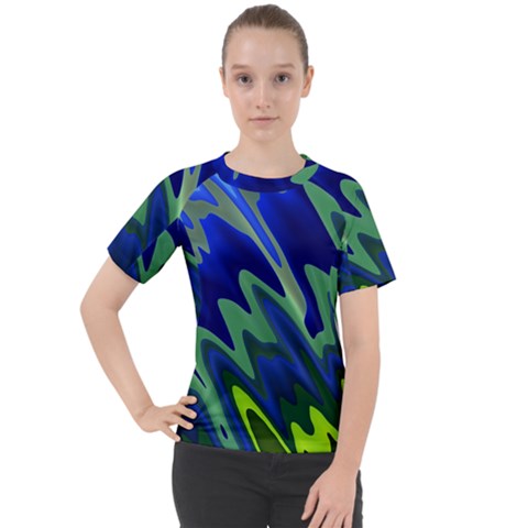 Blue Green Zig Zag Waves Pattern Women s Sport Raglan Tee by SpinnyChairDesigns