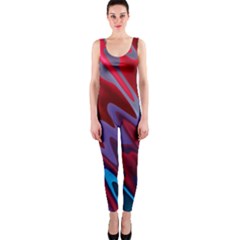 Red Blue Zig Zag Waves Pattern One Piece Catsuit by SpinnyChairDesigns