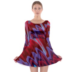 Red Blue Zig Zag Waves Pattern Long Sleeve Skater Dress by SpinnyChairDesigns