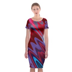 Red Blue Zig Zag Waves Pattern Classic Short Sleeve Midi Dress by SpinnyChairDesigns