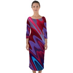 Red Blue Zig Zag Waves Pattern Quarter Sleeve Midi Bodycon Dress by SpinnyChairDesigns