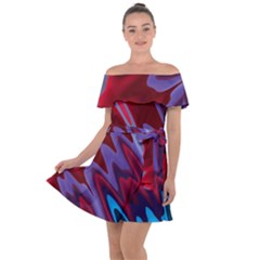 Red Blue Zig Zag Waves Pattern Off Shoulder Velour Dress