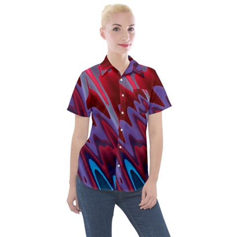 Red Blue Zig Zag Waves Pattern Women s Short Sleeve Pocket Shirt by SpinnyChairDesigns