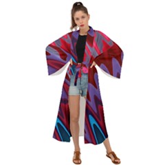 Red Blue Zig Zag Waves Pattern Maxi Kimono by SpinnyChairDesigns