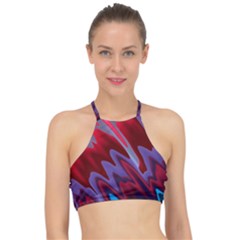 Red Blue Zig Zag Waves Pattern Racer Front Bikini Top by SpinnyChairDesigns