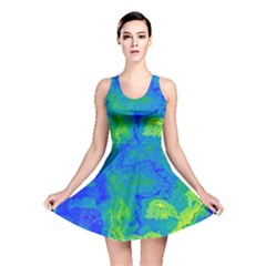 Neon Green Blue Grunge Texture Pattern Reversible Skater Dress by SpinnyChairDesigns