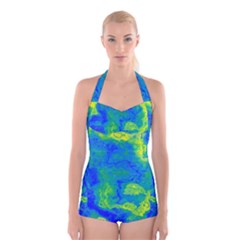 Neon Green Blue Grunge Texture Pattern Boyleg Halter Swimsuit  by SpinnyChairDesigns