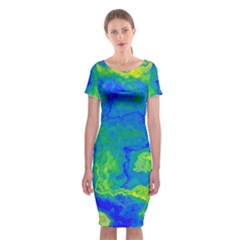 Neon Green Blue Grunge Texture Pattern Classic Short Sleeve Midi Dress by SpinnyChairDesigns