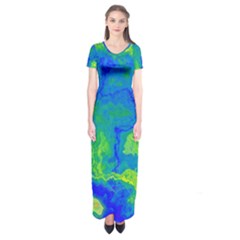 Neon Green Blue Grunge Texture Pattern Short Sleeve Maxi Dress by SpinnyChairDesigns