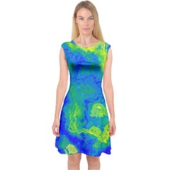 Neon Green Blue Grunge Texture Pattern Capsleeve Midi Dress by SpinnyChairDesigns