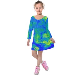Neon Green Blue Grunge Texture Pattern Kids  Long Sleeve Velvet Dress by SpinnyChairDesigns
