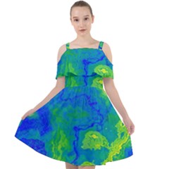 Neon Green Blue Grunge Texture Pattern Cut Out Shoulders Chiffon Dress by SpinnyChairDesigns