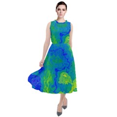 Neon Green Blue Grunge Texture Pattern Round Neck Boho Dress by SpinnyChairDesigns