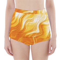 Gold Flames Pattern High-waisted Bikini Bottoms by SpinnyChairDesigns