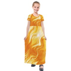 Gold Flames Pattern Kids  Short Sleeve Maxi Dress by SpinnyChairDesigns